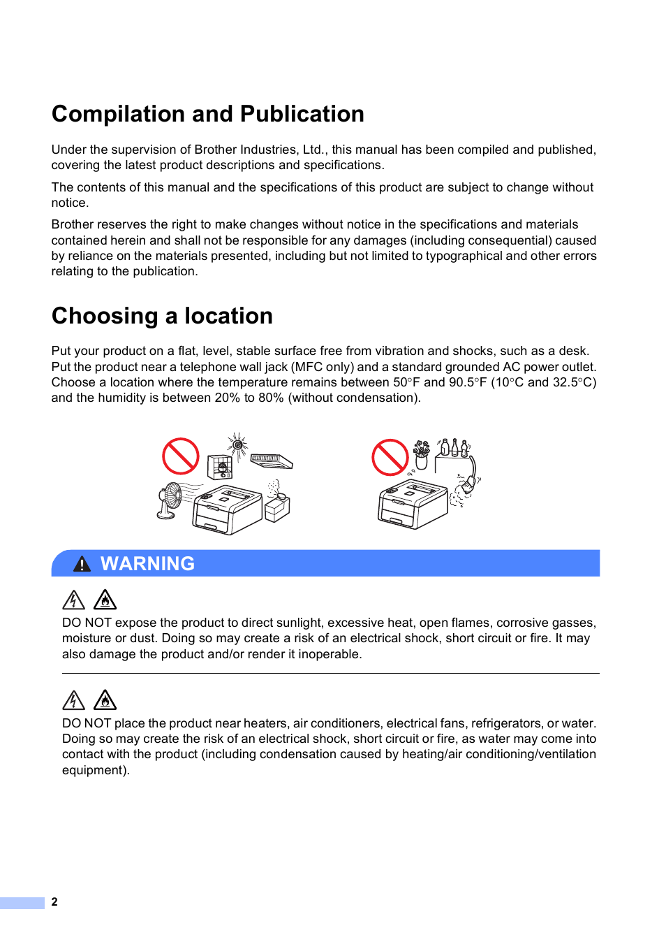 Compilation and publication, Choosing a location, Warning | Brother MFC-9130CW User Manual | Page 2 / 21