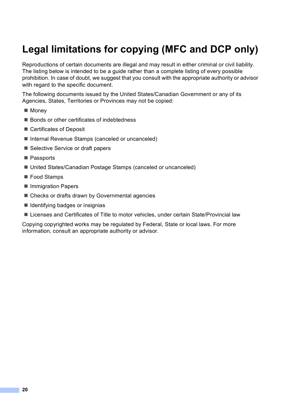 Legal limitations for copying (mfc and dcp only) | Brother MFC-9130CW User Manual | Page 20 / 21