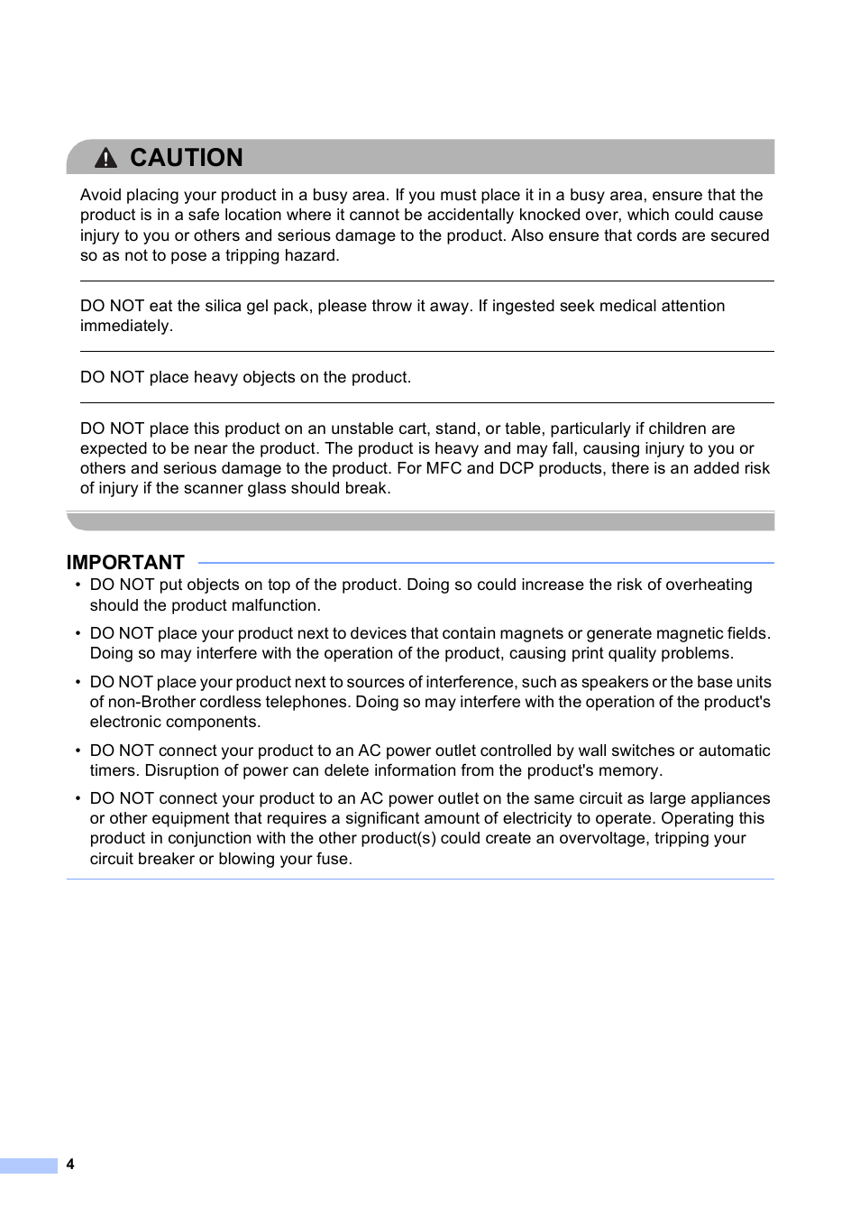 Caution, Important, Do not place heavy objects on the product | Brother MFC-9130CW User Manual | Page 4 / 21