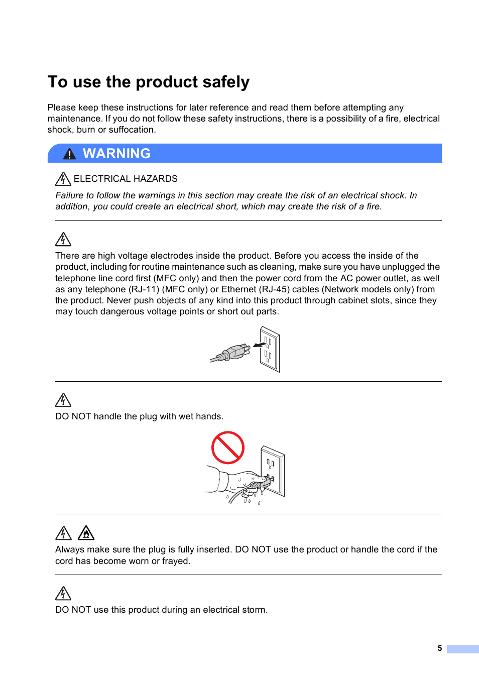 To use the product safely, Warning, Do not handle the plug with wet hands | Do not use this product during an electrical storm | Brother MFC-9130CW User Manual | Page 5 / 21