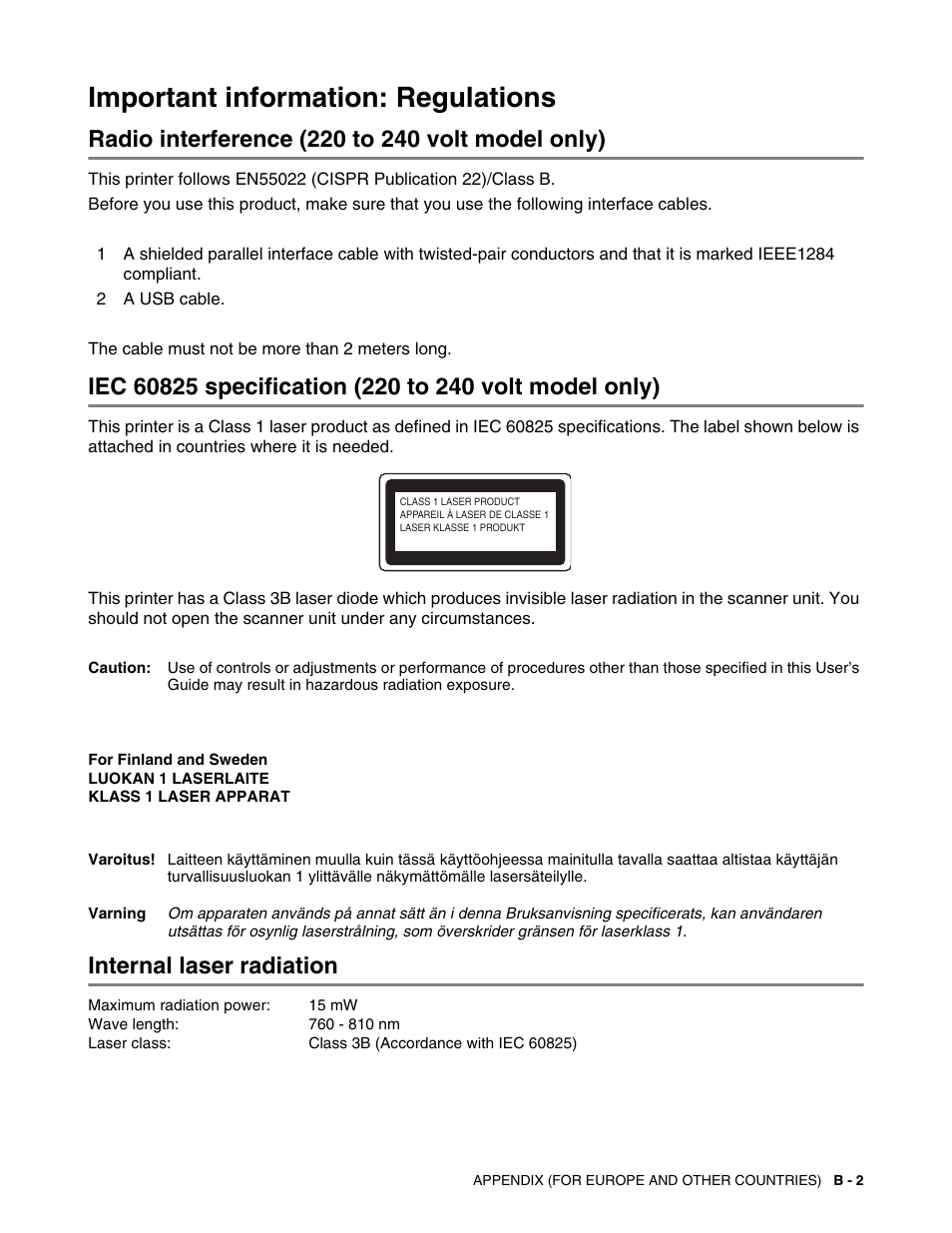 Important information: regulations, Radio interference (220 to 240 volt model only), Internal laser radiation | Brother HL-6050DN User Manual | Page 170 / 179