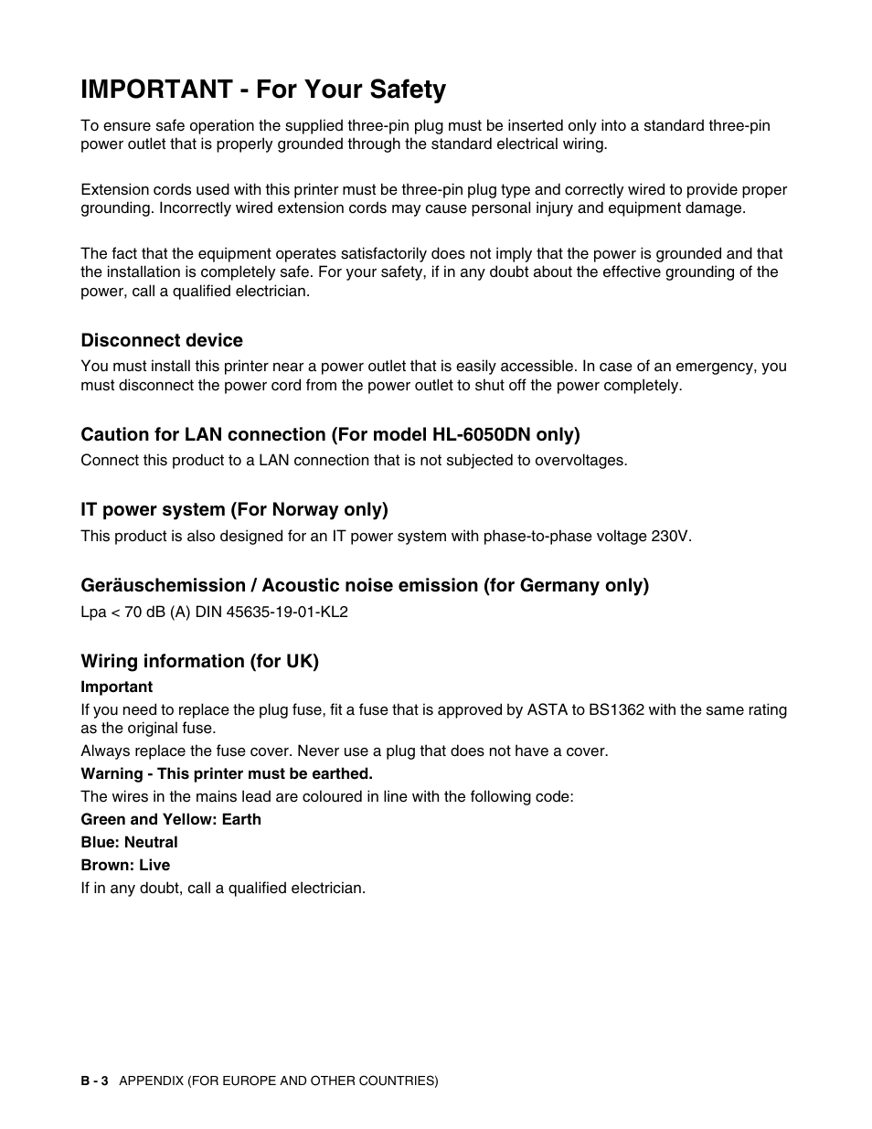 Important - for your safety, Disconnect device, It power system (for norway only) | Wiring information (for uk) | Brother HL-6050DN User Manual | Page 171 / 179