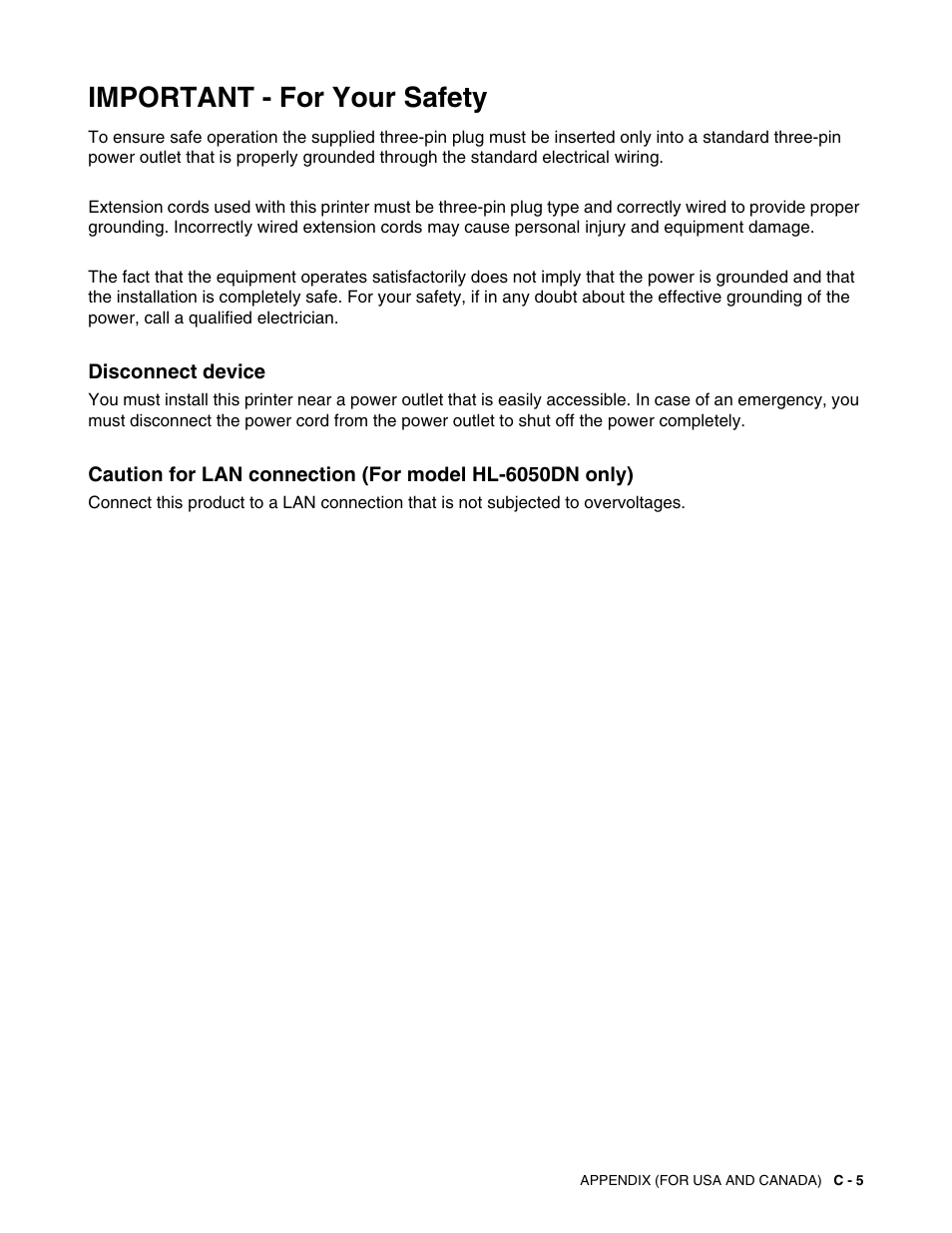 Important - for your safety, Disconnect device | Brother HL-6050DN User Manual | Page 177 / 179