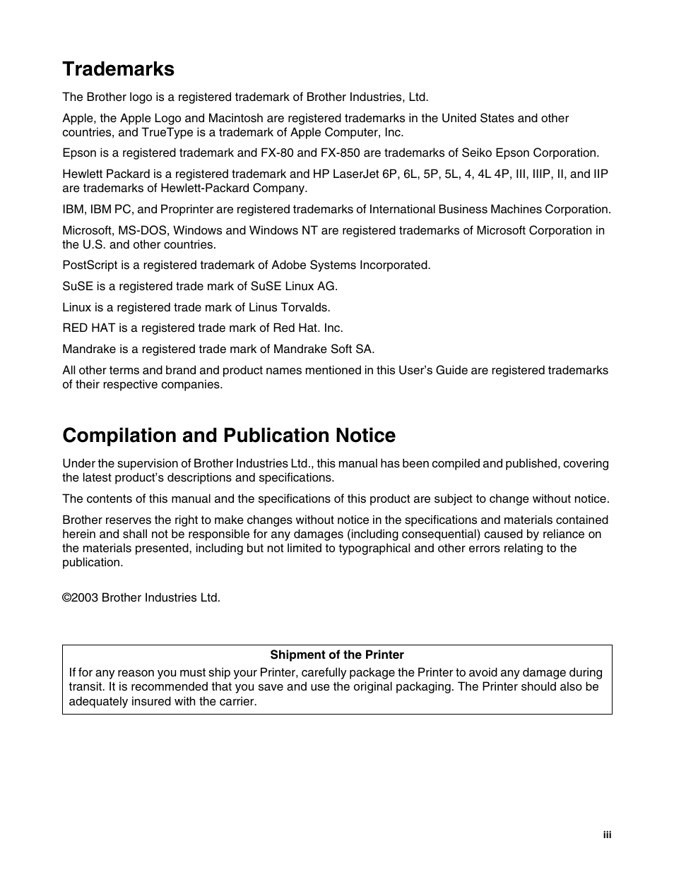 Trademarks, Compilation and publication notice | Brother HL-6050DN User Manual | Page 4 / 179