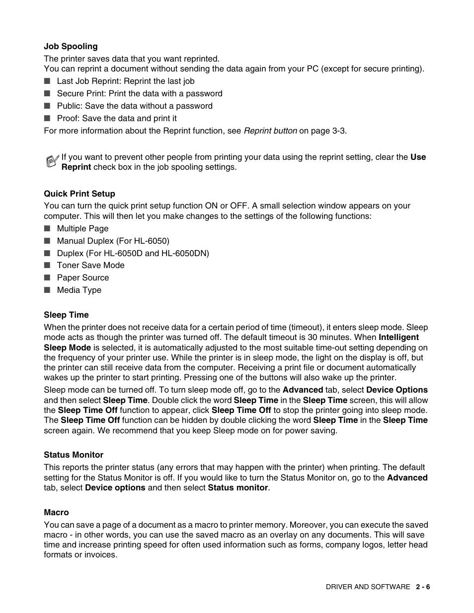 Job spooling, Quick print setup, Sleep time | Status monitor, Macro | Brother HL-6050DN User Manual | Page 56 / 179