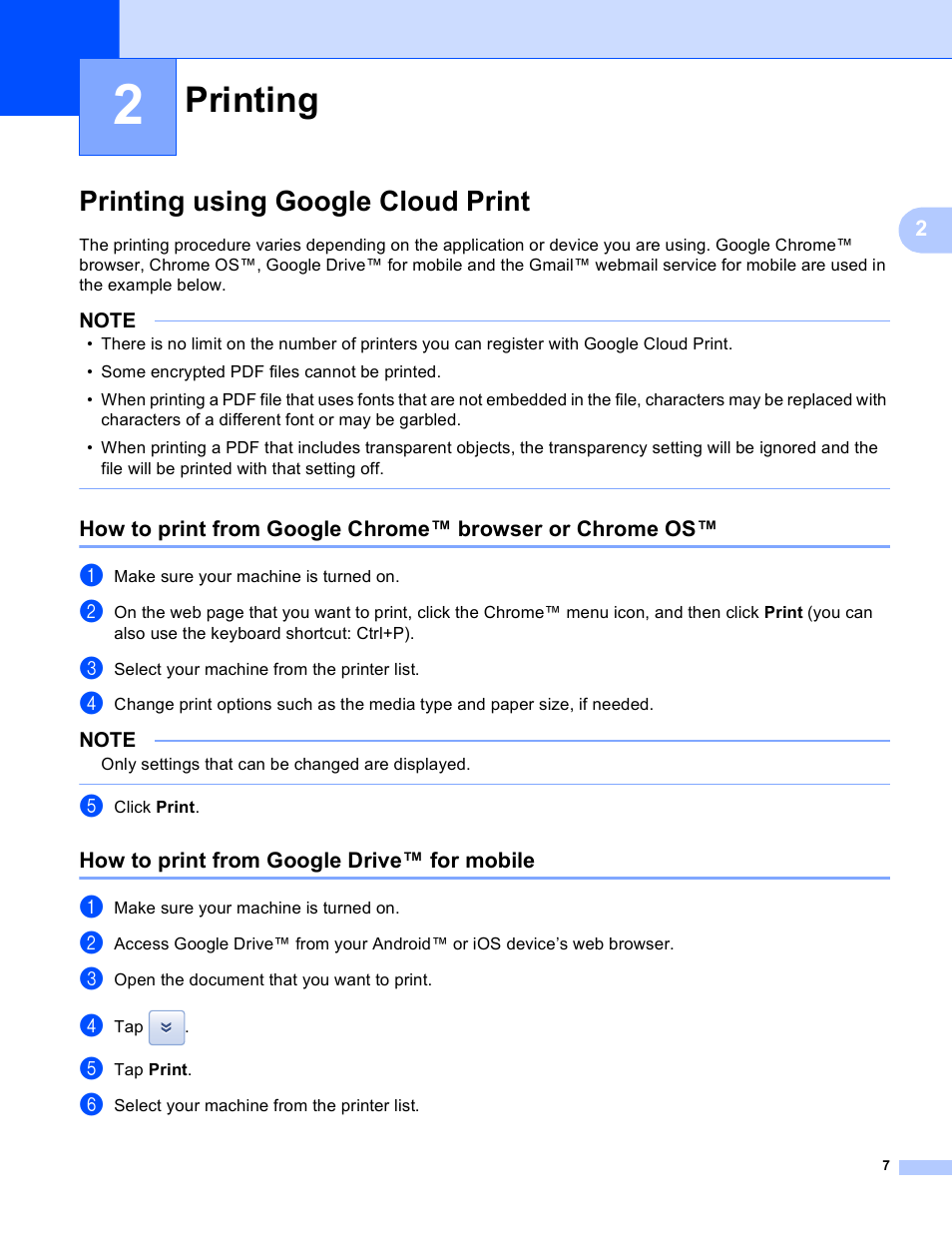 2 printing, Printing using google cloud print, How to print from google drive™ for mobile | Printing | Brother MFC-J6720DW User Manual | Page 10 / 13