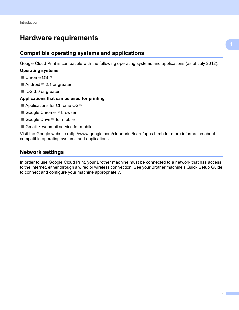 Hardware requirements, Compatible operating systems and applications, Network settings | Brother MFC-J6720DW User Manual | Page 5 / 13