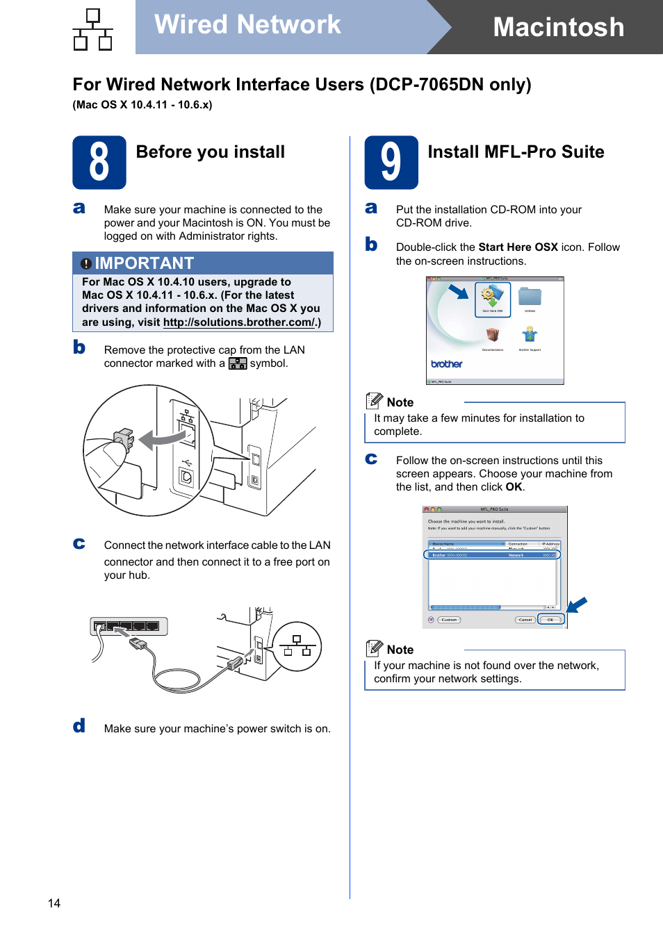 8 before you install, 9 install mfl-pro suite, Macintosh wired network | Brother DCP-7060D User Manual | Page 14 / 19
