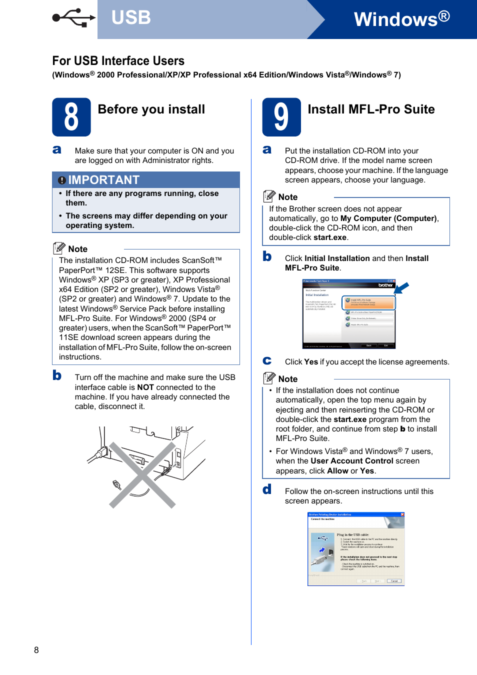 8 before you install, 9 install mfl-pro suite, Windows | For usb interface users, Before you install, Install mfl-pro suite, Important | Brother DCP-7060D User Manual | Page 8 / 19