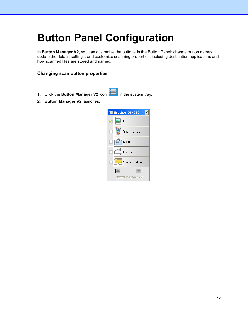 Button panel configuration, Changing scan button properties, Ee button | Panel configuration, E 12 | Brother DS-920DW User Manual | Page 15 / 51