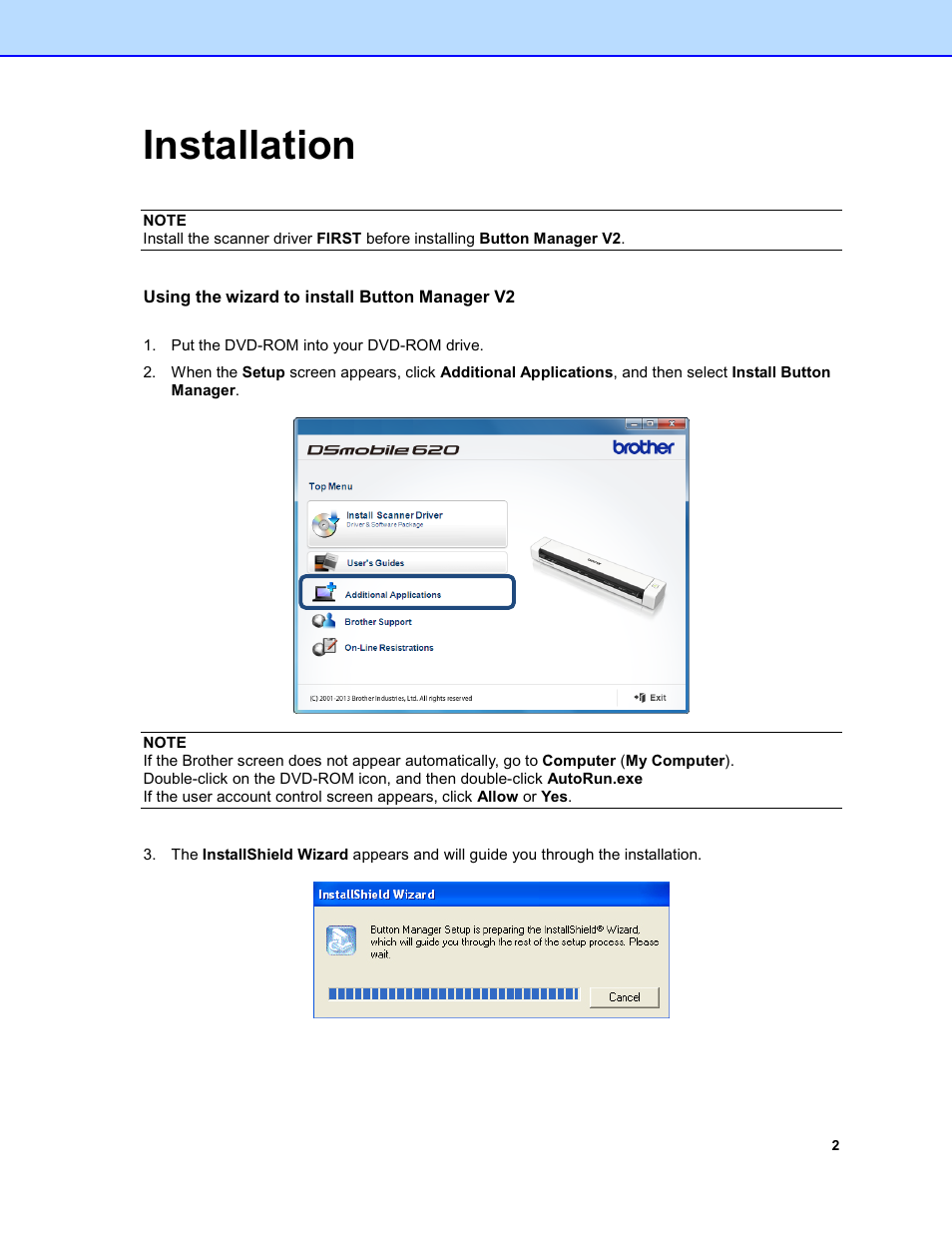 Installation, Using the wizard to install button manager v2 | Brother DS-920DW User Manual | Page 5 / 51