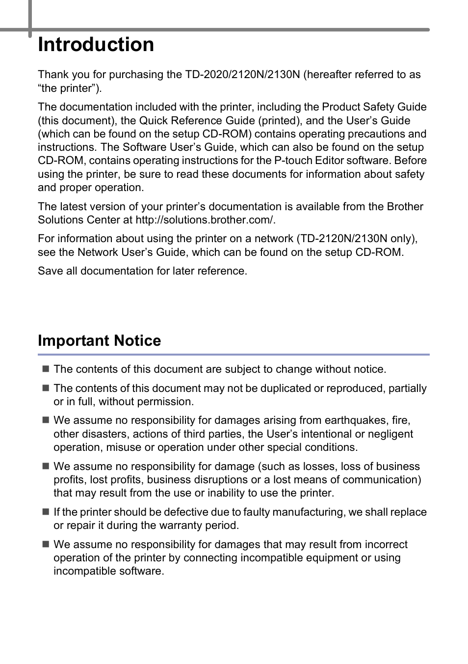 Introduction, Important notice | Brother TD-2020 User Manual | Page 2 / 11
