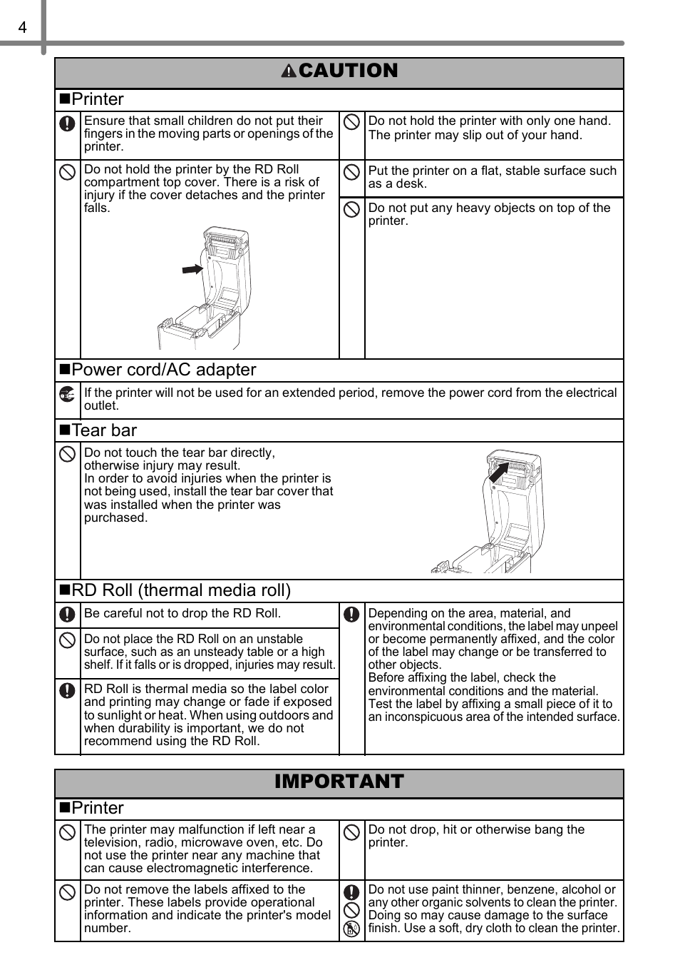 Caution, Important, Printer | Power cord/ac adapter, Tear bar, Rd roll (thermal media roll) | Brother TD-2020 User Manual | Page 6 / 11