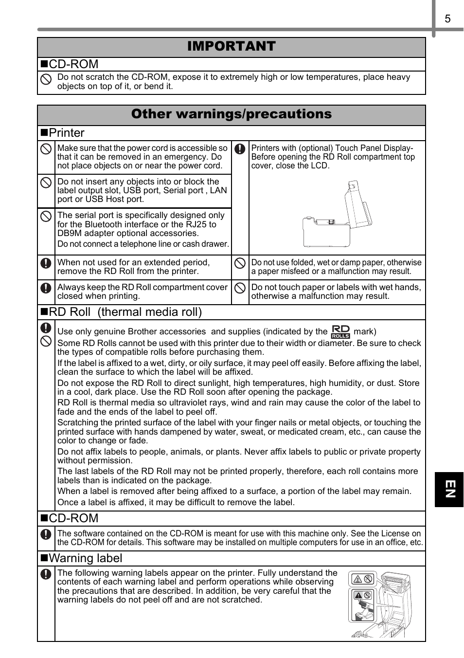 Other warnings/precautions, Important, Cd-rom | Printer, Rd roll (thermal media roll), Warning label | Brother TD-2020 User Manual | Page 7 / 11