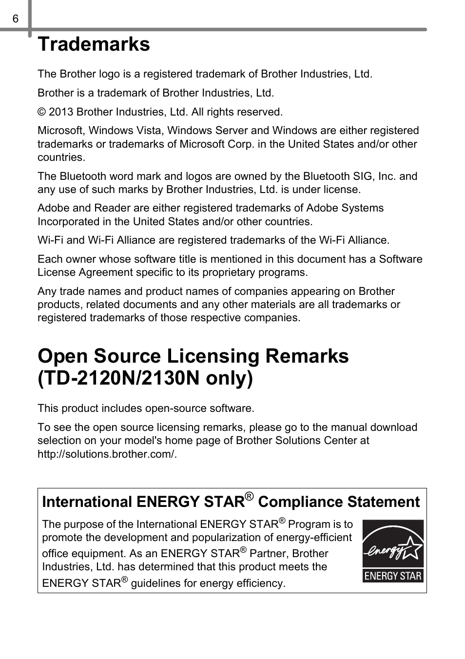 Trademarks, International energy star, Compliance statement | Brother TD-2020 User Manual | Page 8 / 11