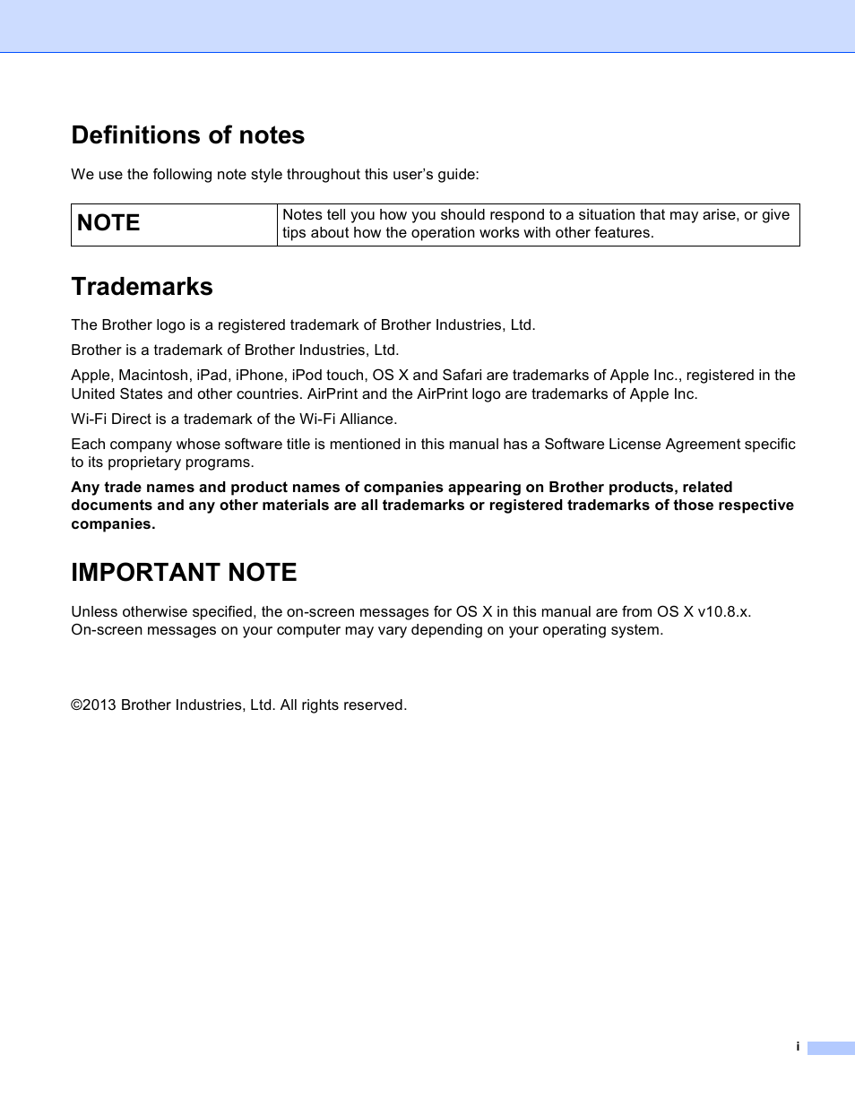 Definitions of notes, Trademarks, Important note | Brother MFC-J6720DW User Manual | Page 2 / 13