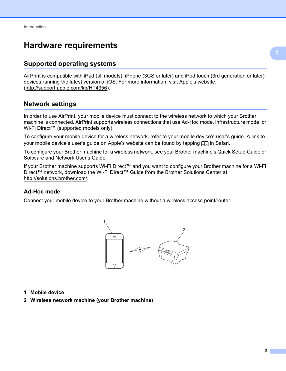 Hardware requirements, Supported operating systems, Network settings | Ad-hoc mode, Supported operating systems network settings | Brother MFC-J6720DW User Manual | Page 5 / 13