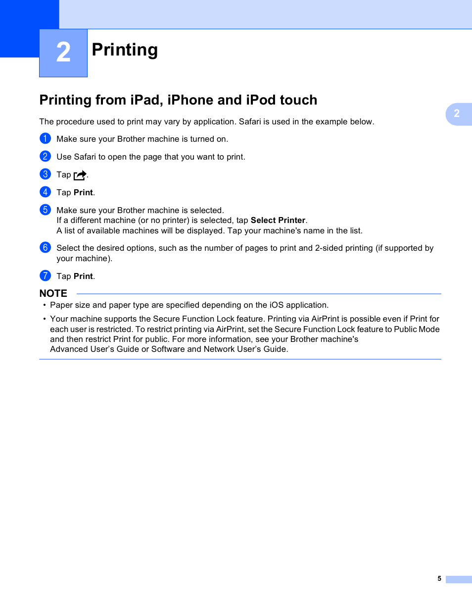 2 printing, Printing from ipad, iphone and ipod touch, Printing | Brother MFC-J6720DW User Manual | Page 8 / 13