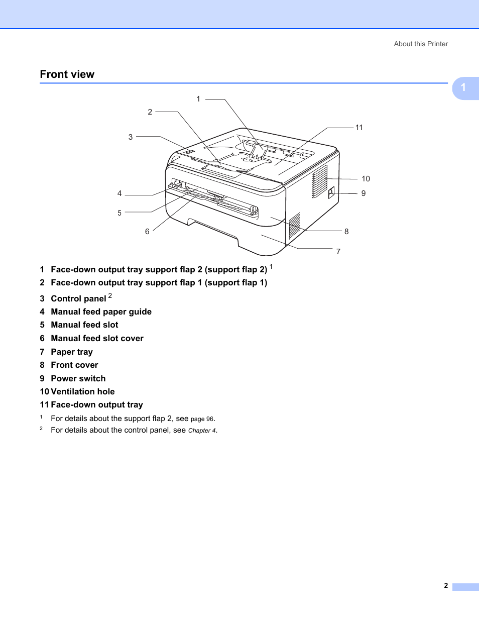 Front view, 1front view | Brother HL-2170W User Manual | Page 10 / 138