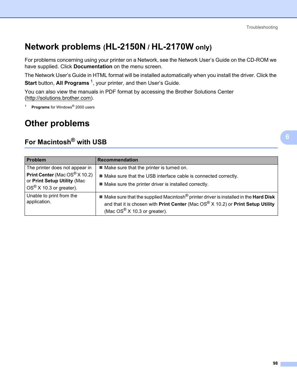 Network problems (hl-2150n / hl-2170w only), Other problems, For macintosh® with usb | For macintosh, With usb, Network problems, Hl-2150n, Hl-2170w, Only) | Brother HL-2170W User Manual | Page 106 / 138