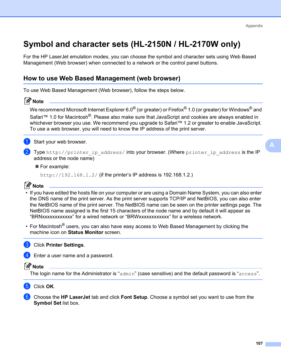How to use web based management (web browser) | Brother HL-2170W User Manual | Page 115 / 138