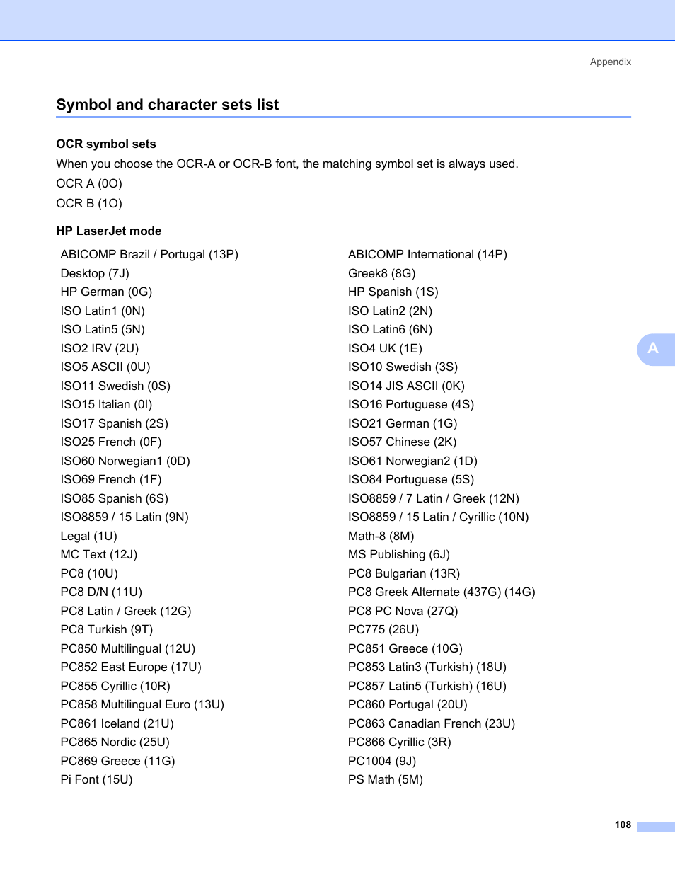 Symbol and character sets list, Asymbol and character sets list | Brother HL-2170W User Manual | Page 116 / 138