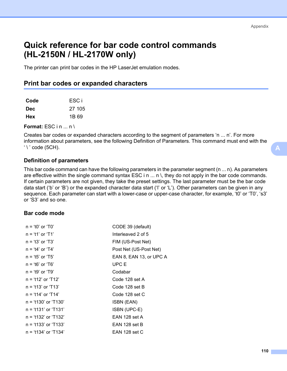 Print bar codes or expanded characters, Definition of parameters, Bar code mode | Quick reference for bar code control commands, Hl-2150n / hl-2170w only) | Brother HL-2170W User Manual | Page 118 / 138