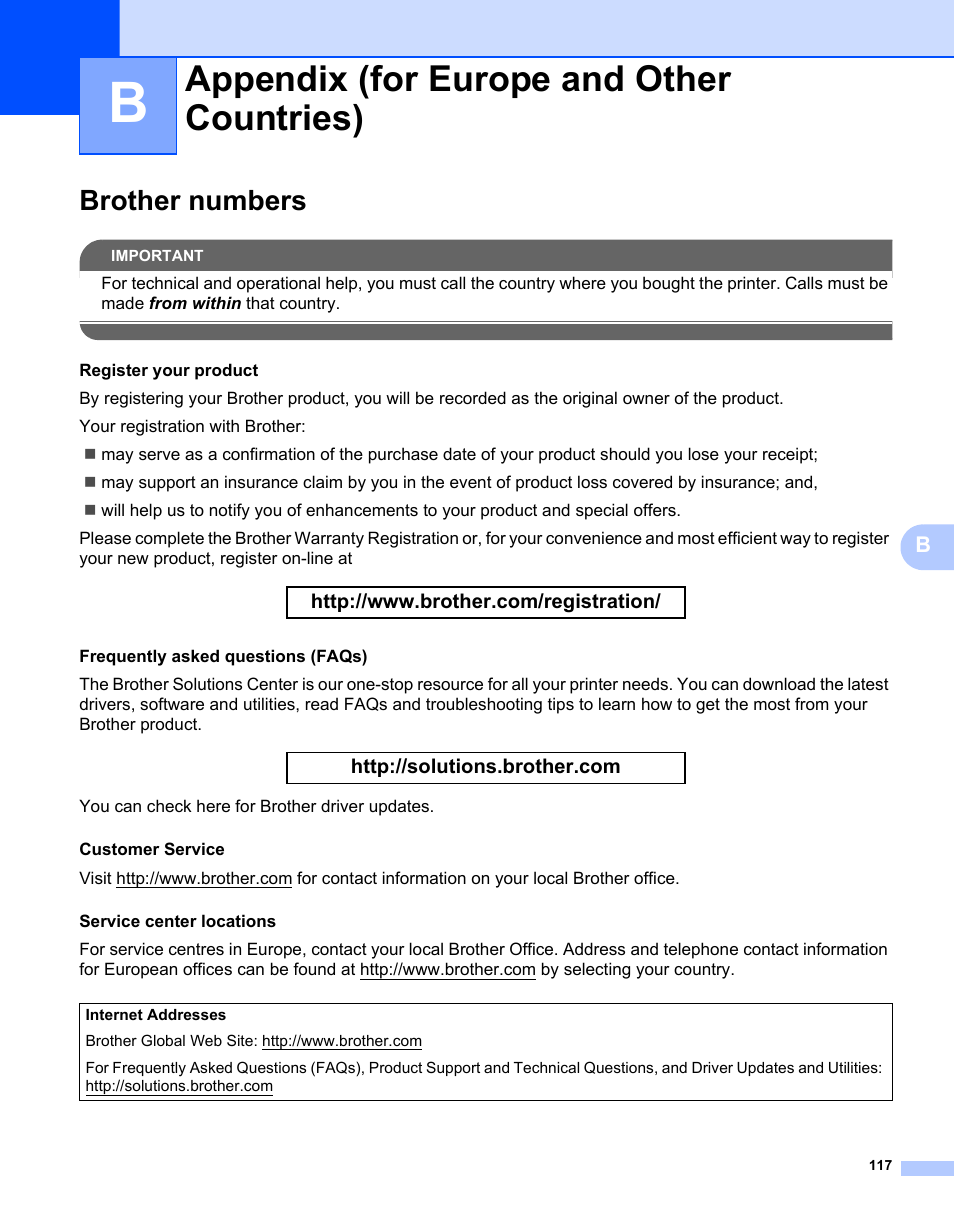 Appendix b (for europe and other countries), Brother numbers, Appendix (for europe and other countries) | Brother HL-2170W User Manual | Page 125 / 138