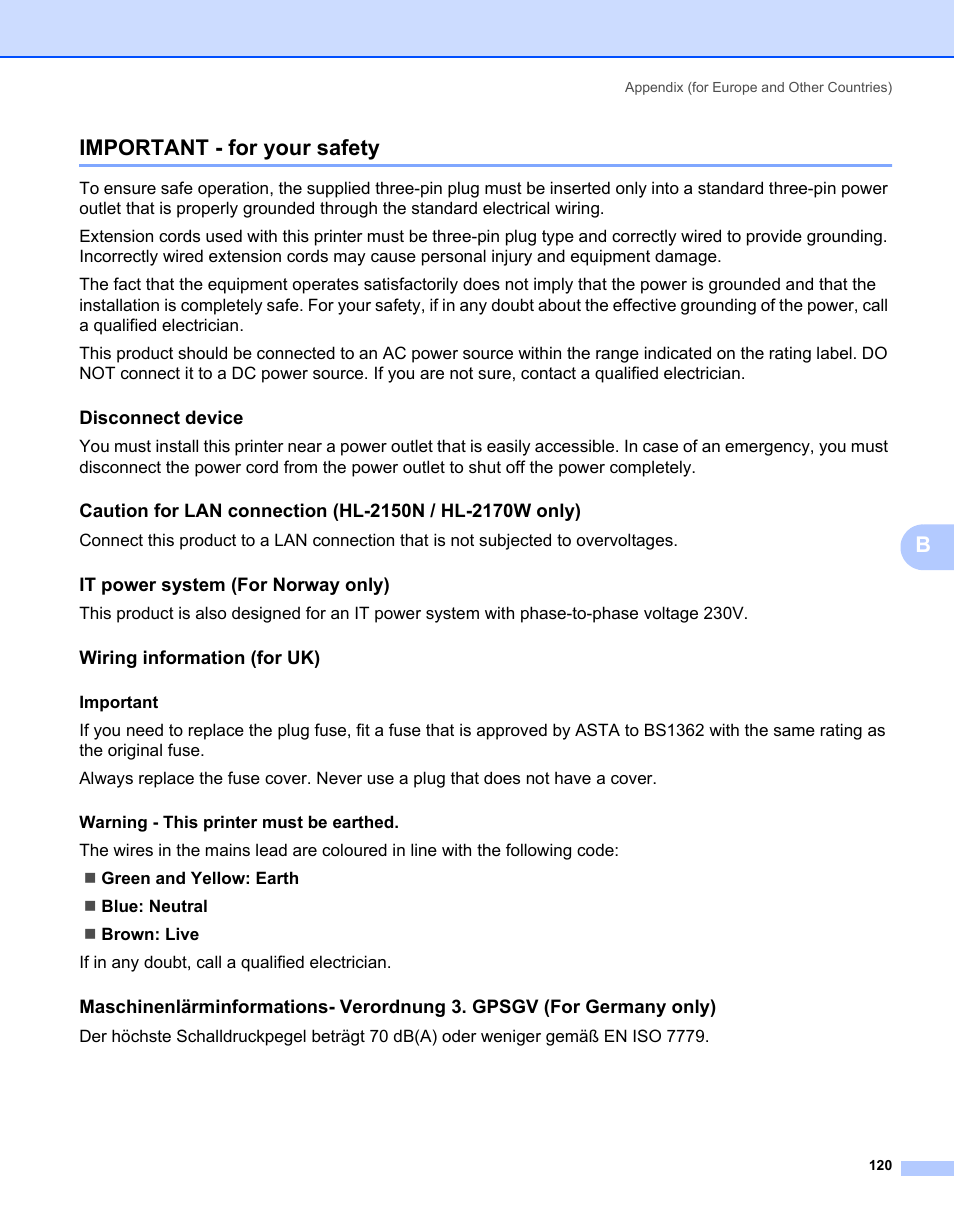 Important - for your safety, Disconnect device, It power system (for norway only) | Wiring information (for uk), Bimportant - for your safety | Brother HL-2170W User Manual | Page 128 / 138