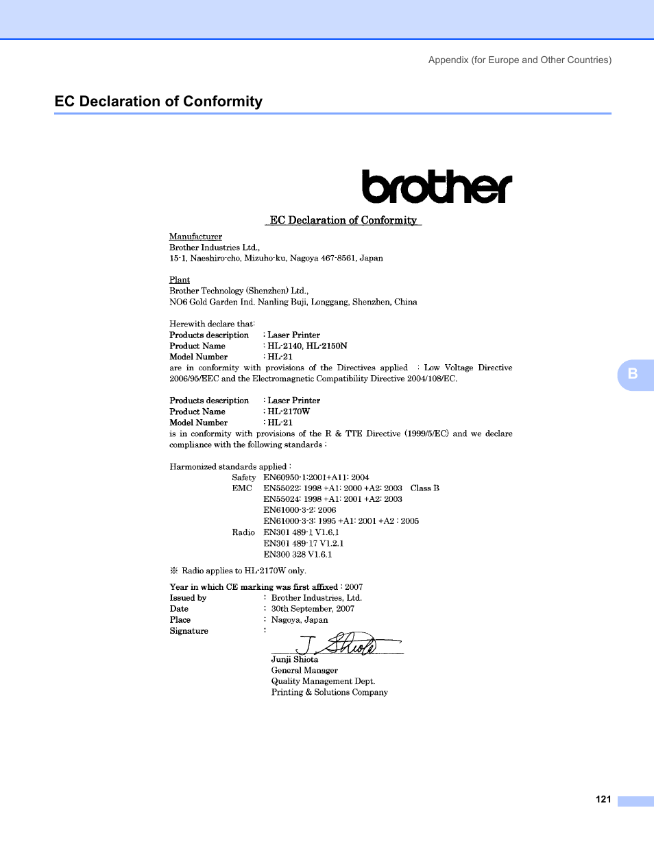 Ec declaration of conformity, Bec declaration of conformity | Brother HL-2170W User Manual | Page 129 / 138