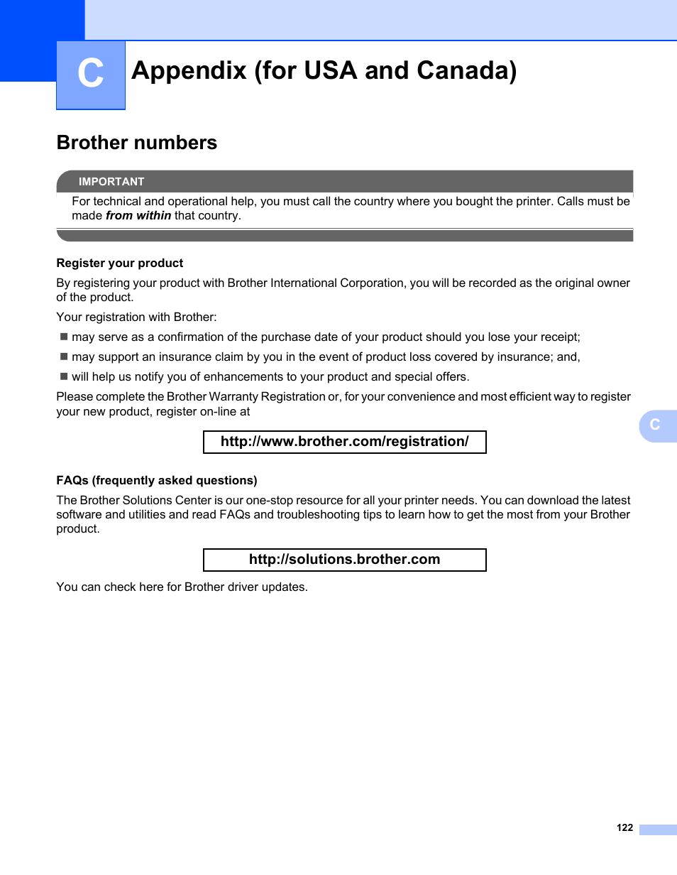 Appendix c (for usa and canada), Brother numbers, Appendix (for usa and canada) | Brother HL-2170W User Manual | Page 130 / 138