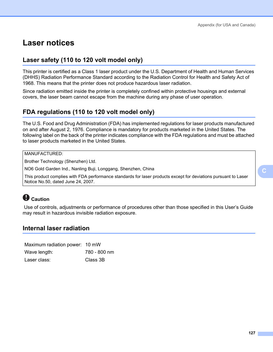 Laser notices, Laser safety (110 to 120 volt model only), Fda regulations (110 to 120 volt model only) | Internal laser radiation | Brother HL-2170W User Manual | Page 135 / 138
