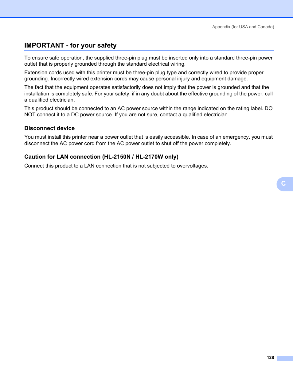 Important - for your safety, Disconnect device, Cimportant - for your safety | Brother HL-2170W User Manual | Page 136 / 138