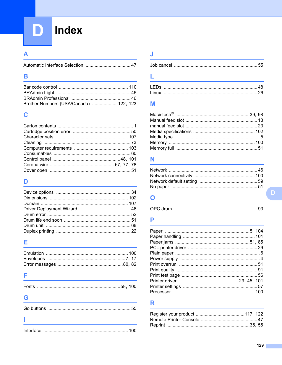 Index | Brother HL-2170W User Manual | Page 137 / 138