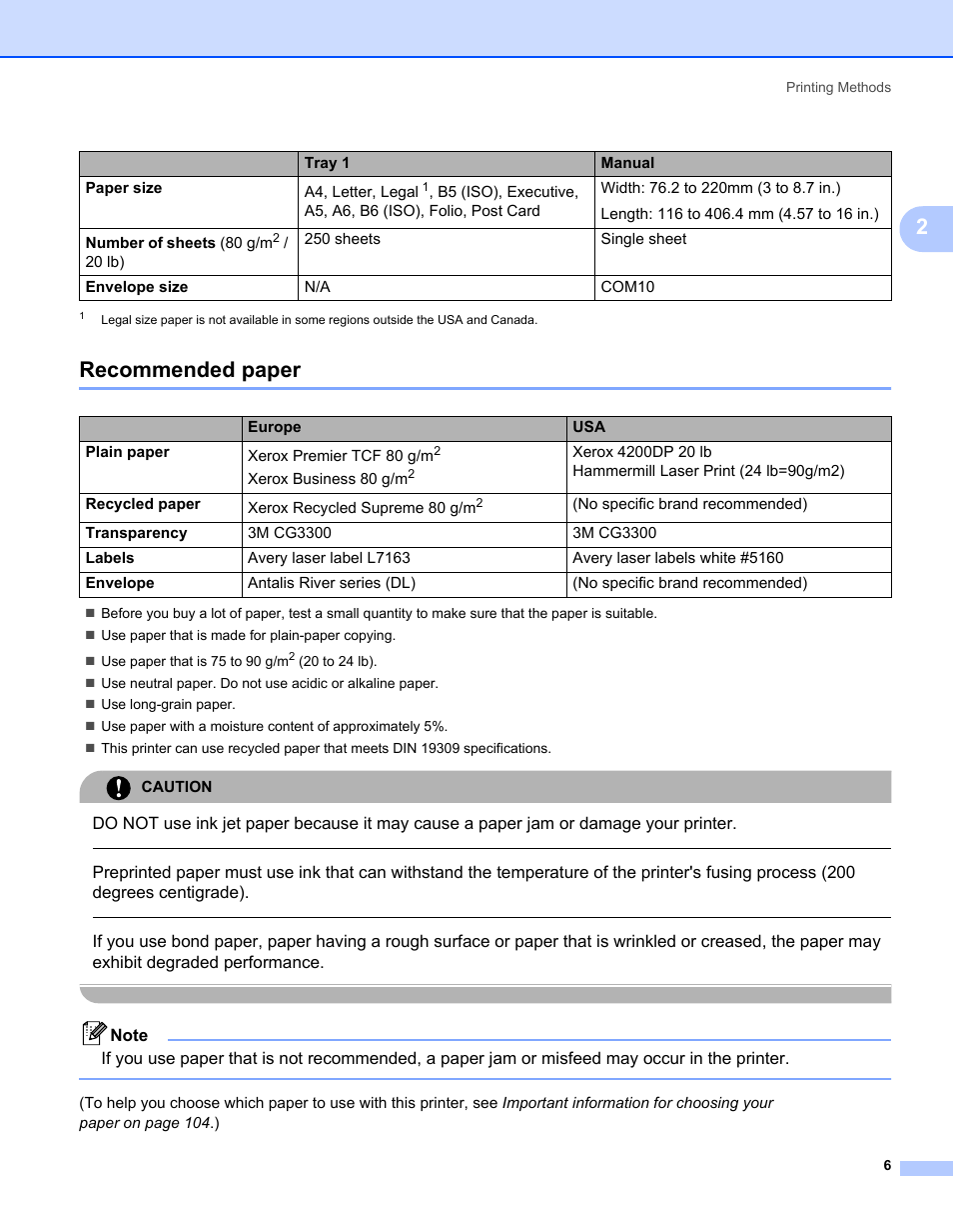 Recommended paper | Brother HL-2170W User Manual | Page 14 / 138
