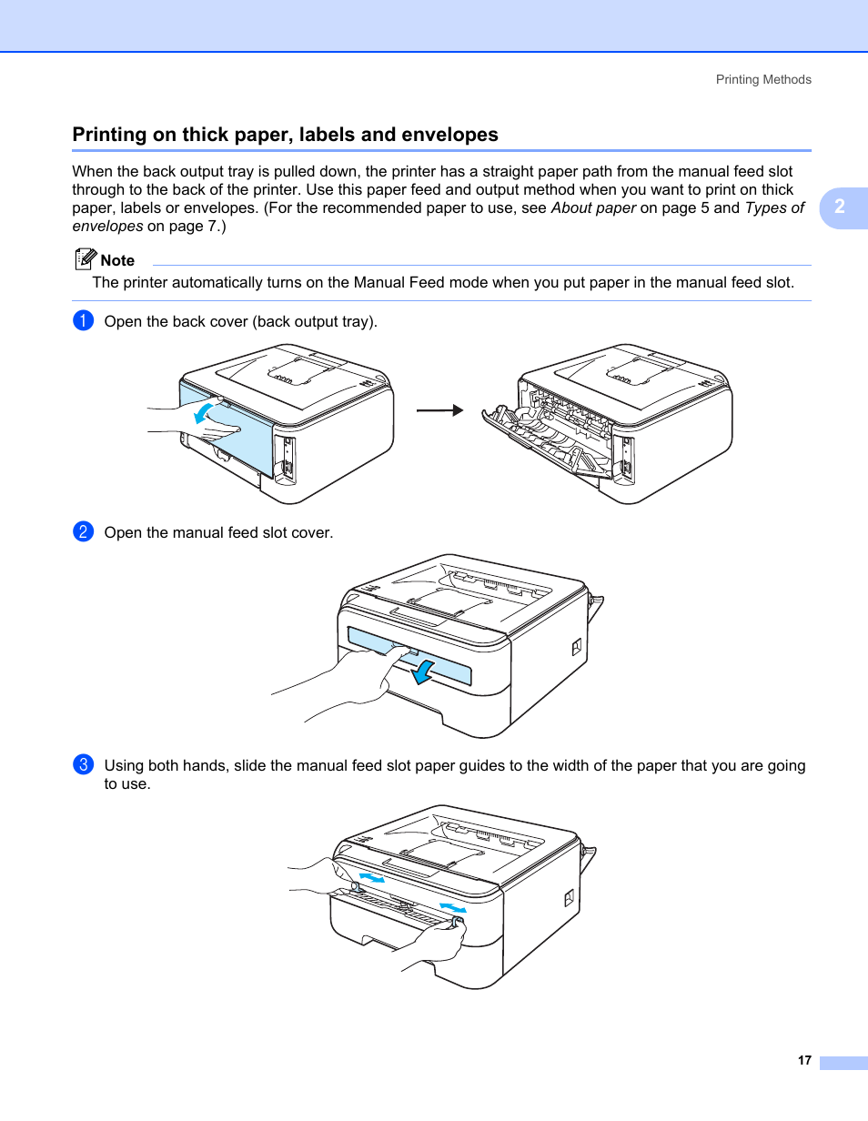 Printing on thick paper, labels and envelopes, 2printing on thick paper, labels and envelopes | Brother HL-2170W User Manual | Page 25 / 138