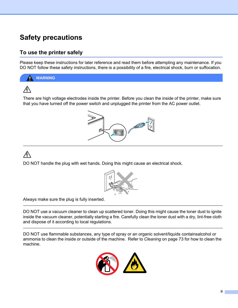 Safety precautions, To use the printer safely, Always make sure the plug is fully inserted | Warning | Brother HL-2170W User Manual | Page 3 / 138
