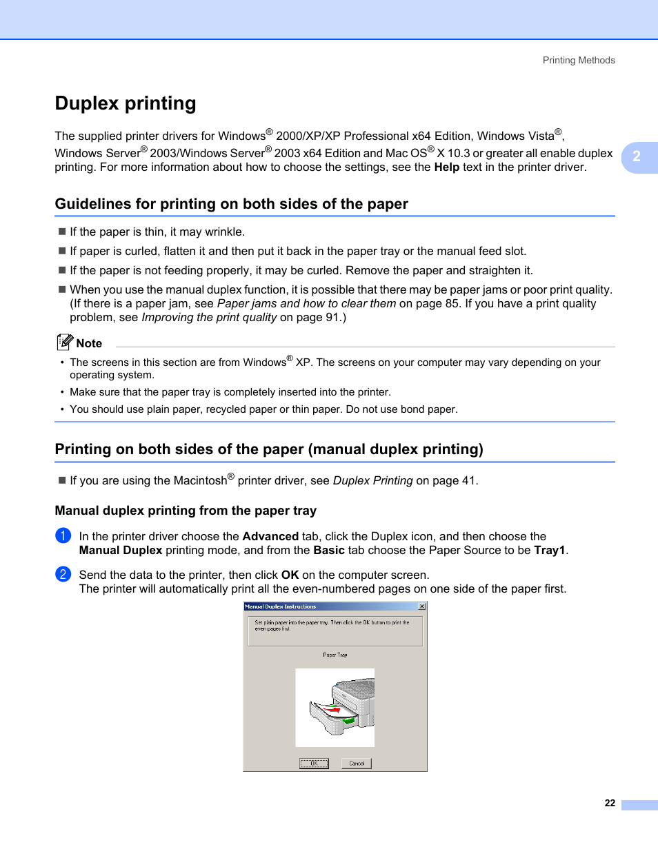 Duplex printing, Guidelines for printing on both sides of the paper, Manual duplex printing from the paper tray | Brother HL-2170W User Manual | Page 30 / 138