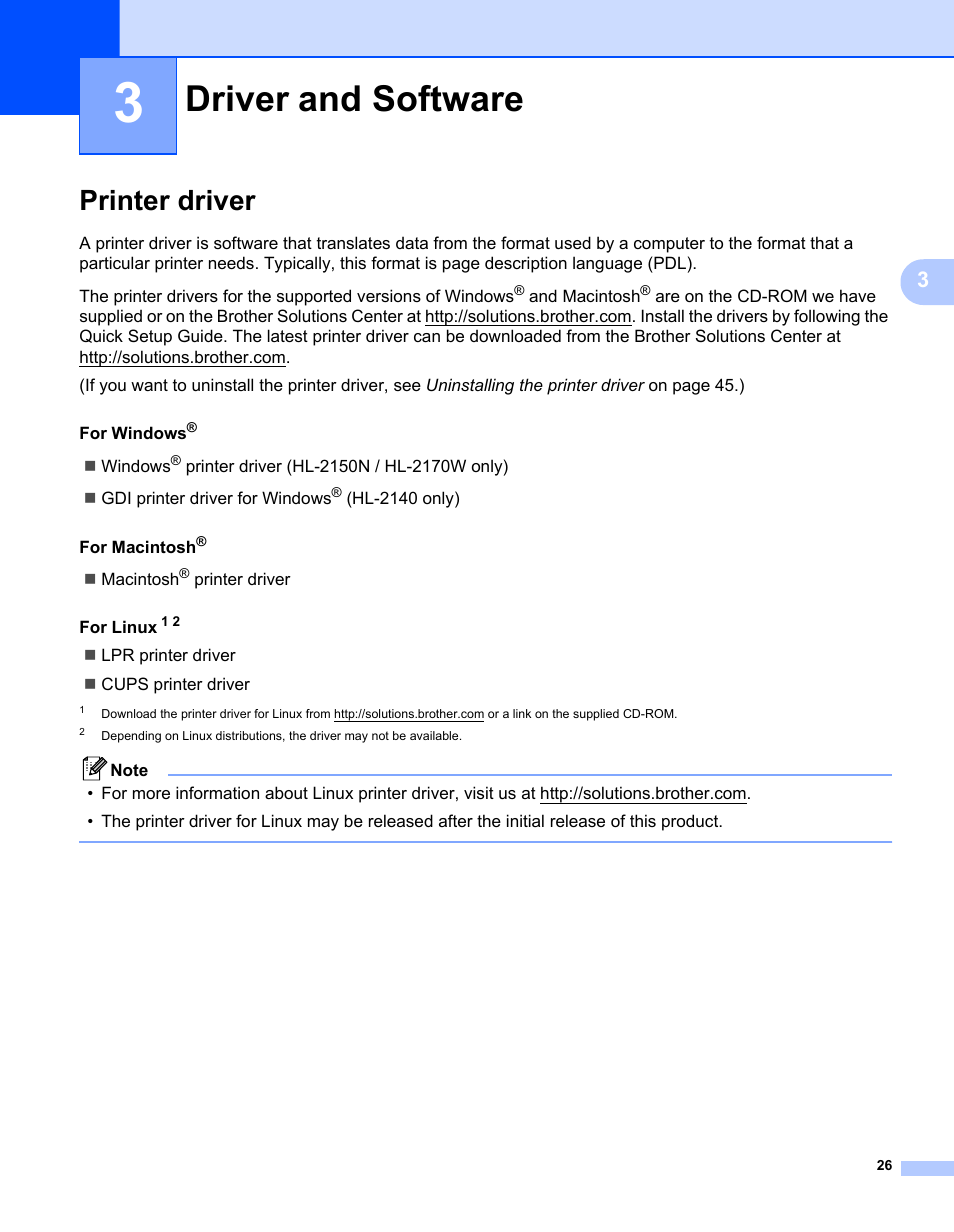 3 driver and software, Printer driver, Driver and software | Brother HL-2170W User Manual | Page 34 / 138