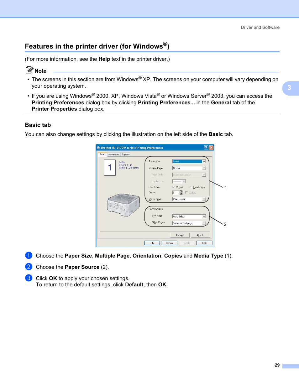 Features in the printer driver (for windows®), Basic tab, Features in the printer driver (for windows | 3features in the printer driver (for windows | Brother HL-2170W User Manual | Page 37 / 138