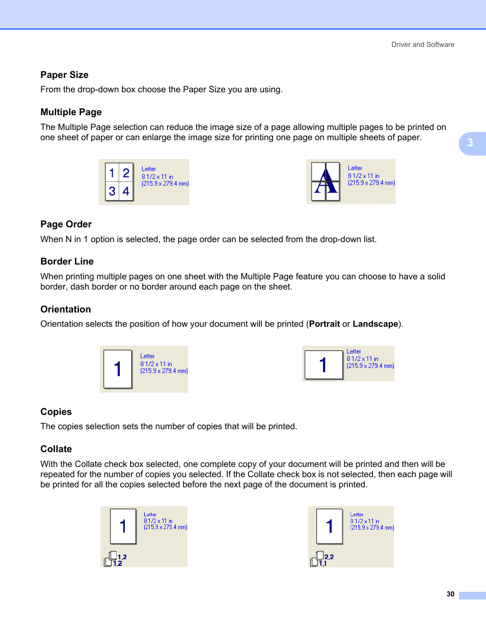 Paper size, Border line, Orientation | Copies, Collate, Multiple page, Page order | Brother HL-2170W User Manual | Page 38 / 138