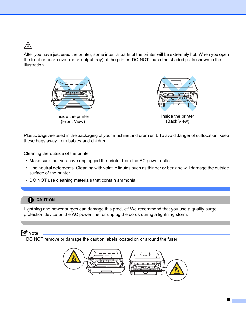 Inside the printer (front view), Inside the printer (back view), Caution | Brother HL-2170W User Manual | Page 4 / 138