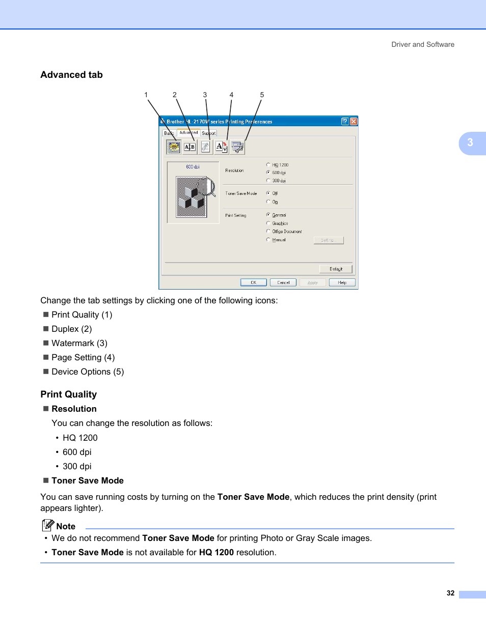 Advanced tab, Print quality | Brother HL-2170W User Manual | Page 40 / 138