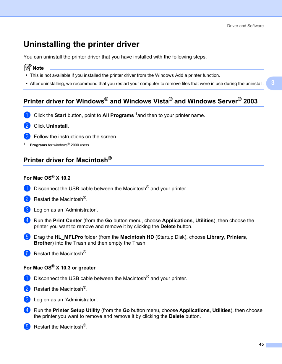 Uninstalling the printer driver, Printer driver for macintosh, Printer driver for windows | And windows vista, And windows server | Brother HL-2170W User Manual | Page 53 / 138