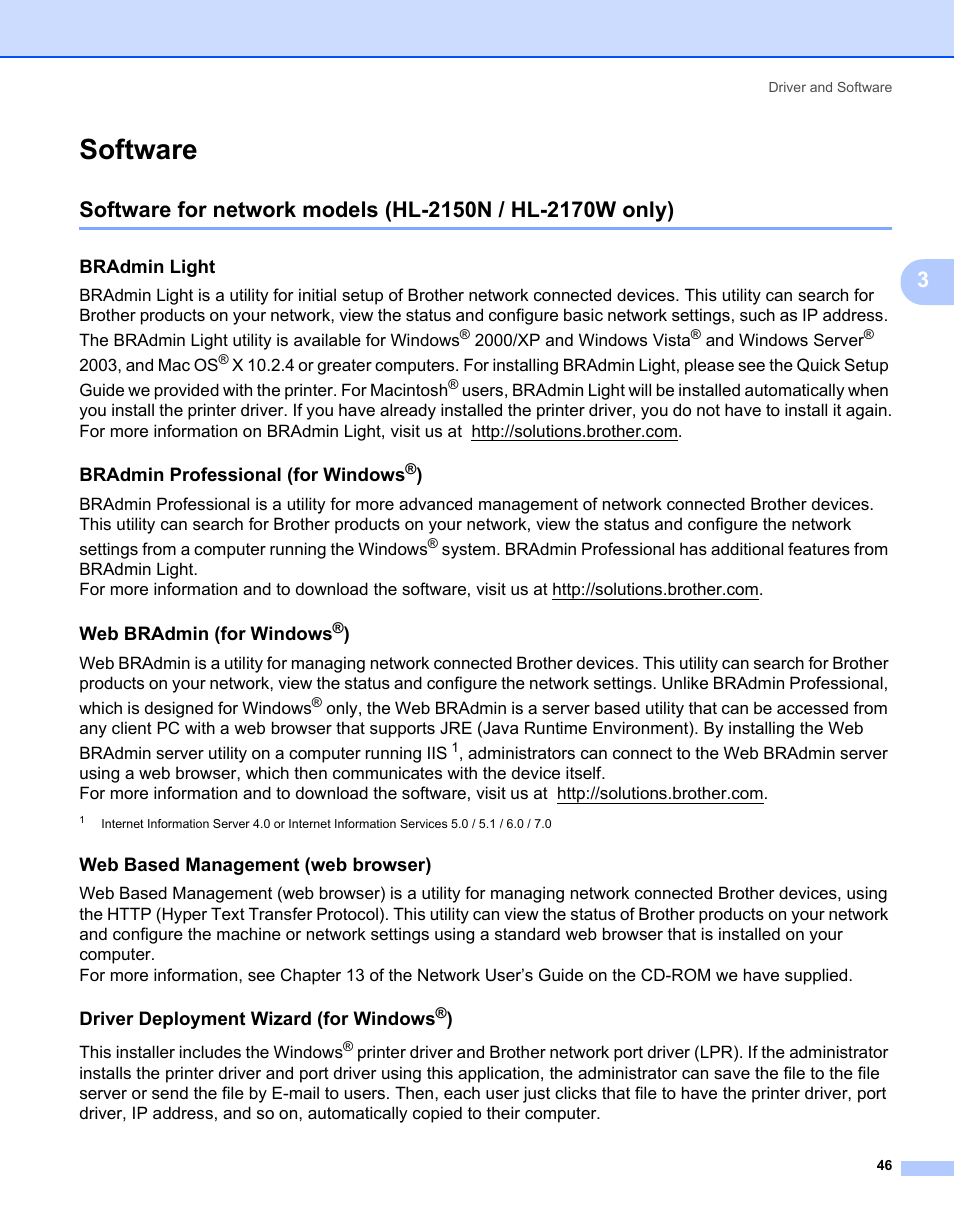 Software, Bradmin light, Bradmin professional (for windows®) | Web bradmin (for windows®), Web based management (web browser), Driver deployment wizard (for windows®), Bradmin professional (for windows, Web bradmin (for windows, Driver deployment wizard (for windows | Brother HL-2170W User Manual | Page 54 / 138