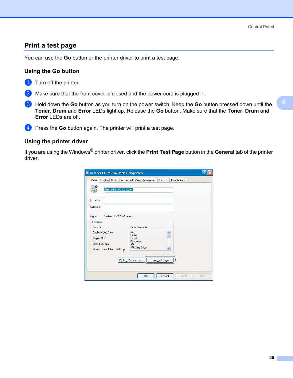 Using the go button, Using the printer driver, 4print a test page | Brother HL-2170W User Manual | Page 64 / 138