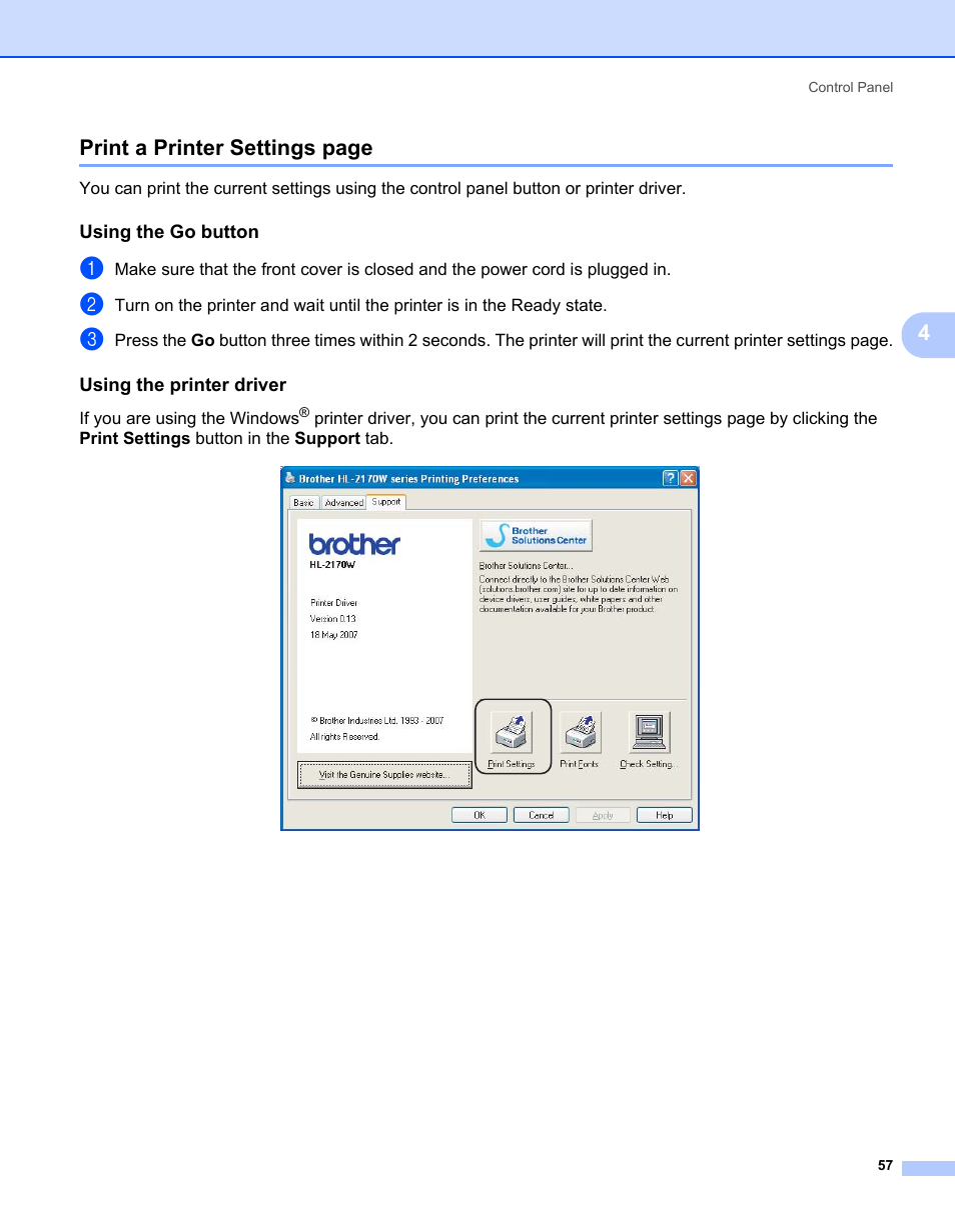 Using the go button, Using the printer driver, 4print a printer settings page | Brother HL-2170W User Manual | Page 65 / 138