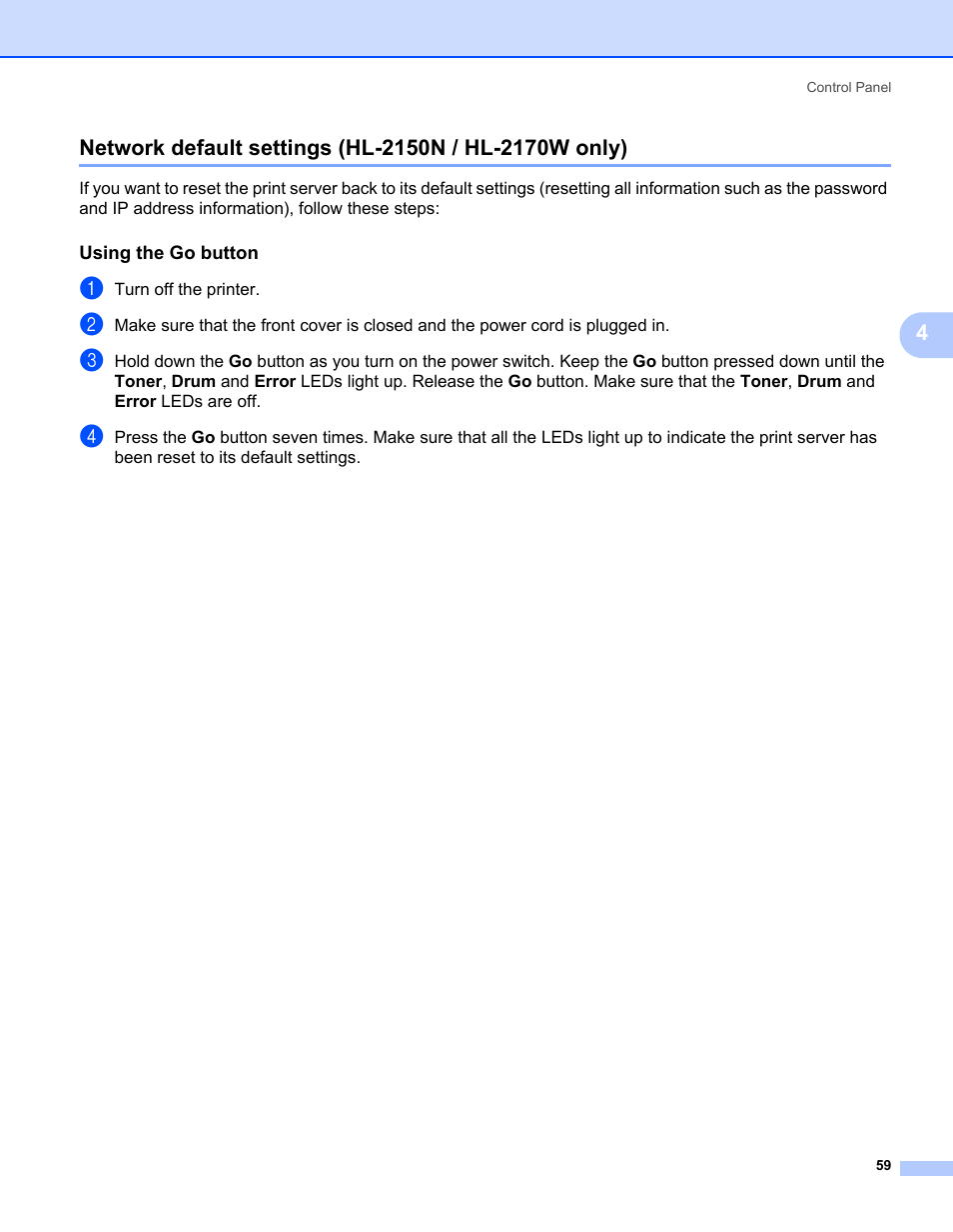 Using the go button | Brother HL-2170W User Manual | Page 67 / 138