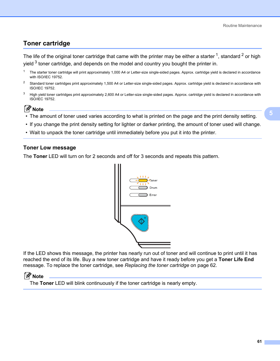 Toner cartridge, Toner low message, 5toner cartridge | Standa rd, Or high yi eld | Brother HL-2170W User Manual | Page 69 / 138