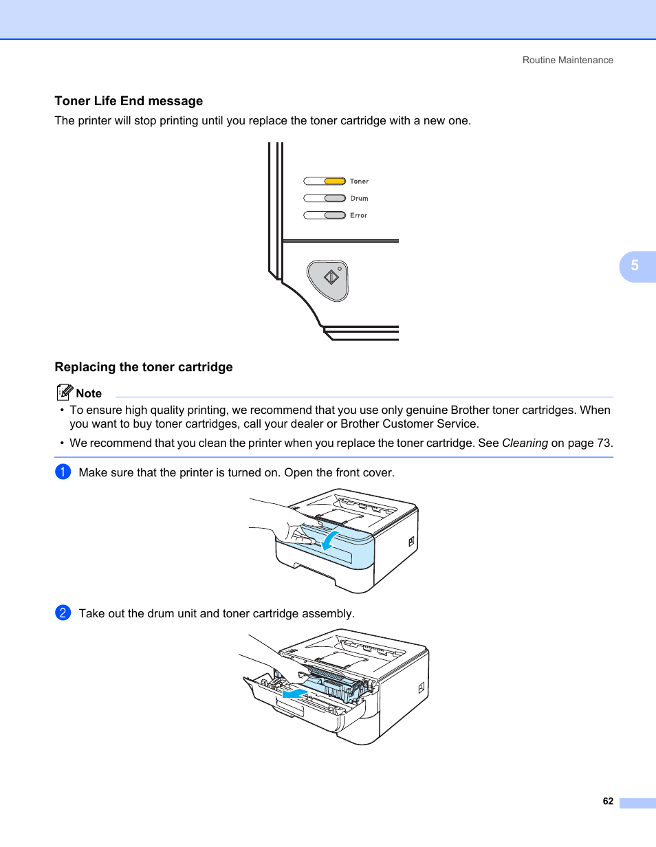 Toner life end message, Replacing the toner cartridge | Brother HL-2170W User Manual | Page 70 / 138